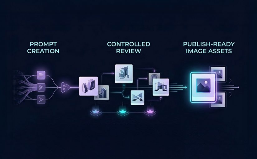Editorial illustration showing an AI image workflow moving from prompt creation to controlled review to publish-ready image assets.