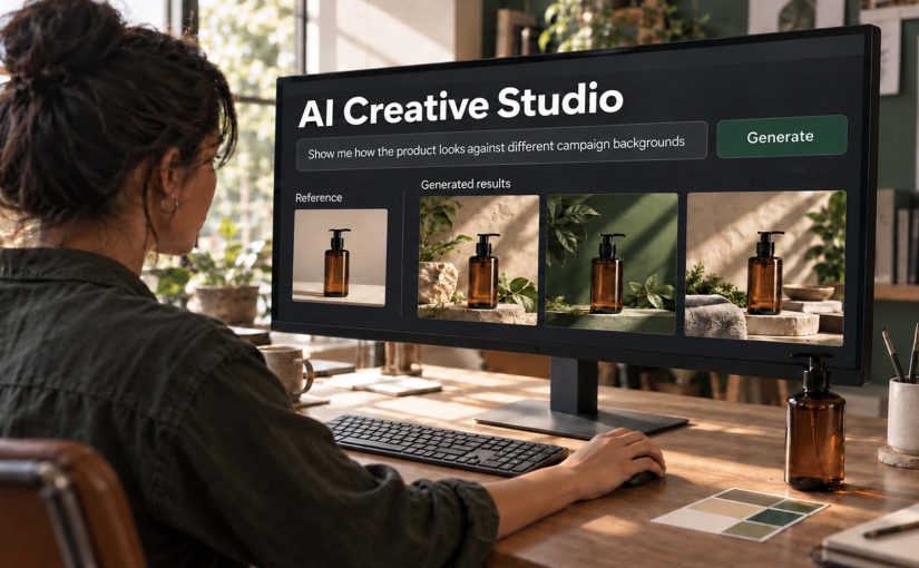 Designer using AI Creative Studio to generate campaign image variations from an amber pump bottle reference.