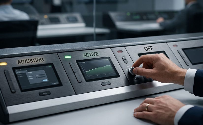 A hand switches off one workflow on a control panel while neighbouring channels remain active or under adjustment.