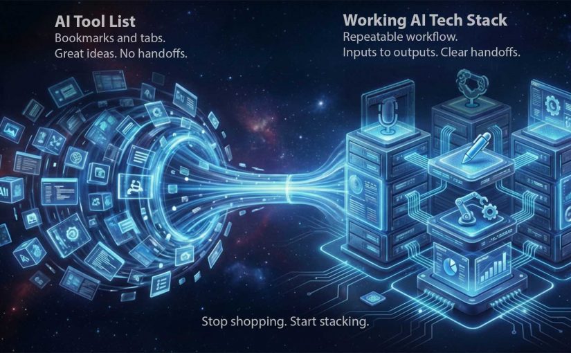 Graphic contrasting an AI tool list with a connected working AI tech stack, ending with “Stop shopping. Start stacking.”