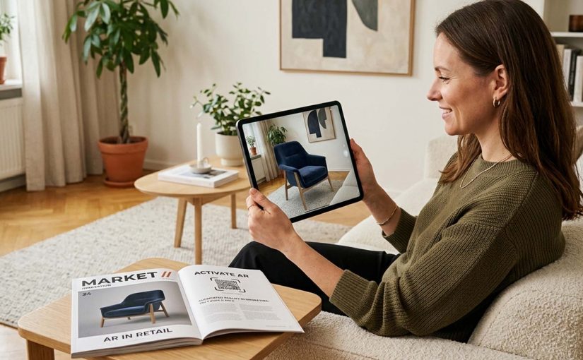 Woman in a modern living room using a tablet to view a virtual chair placed in her home, with an open magazine showing an AR activation beside her.
