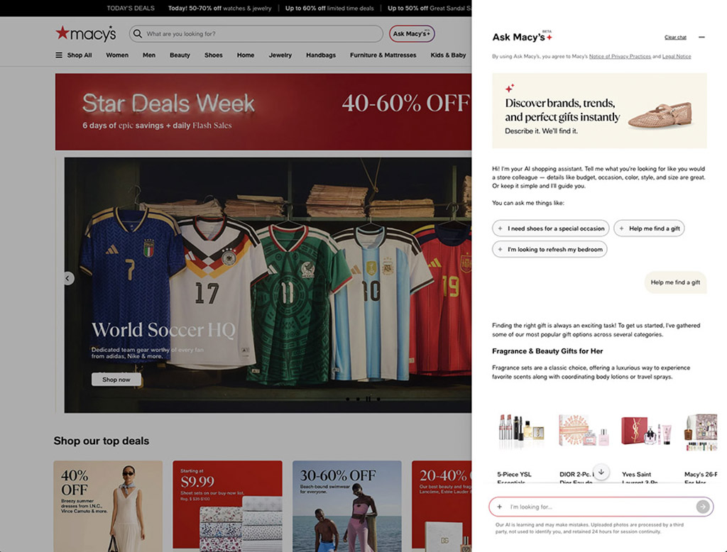 Macy’s website shows the Ask Macy’s AI shopping assistant guiding product discovery beside the main shopping page.