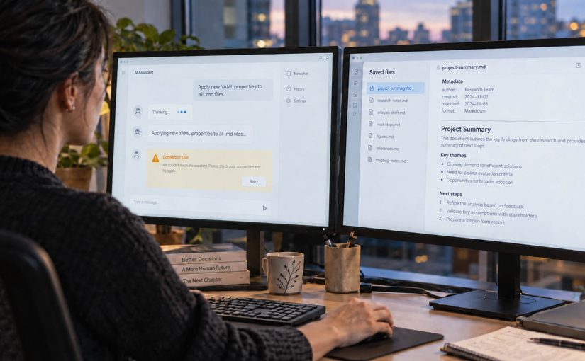 Person at two monitors - an AI chat shows Connection Lost while a saved Markdown file displays metadata above Project Summary.