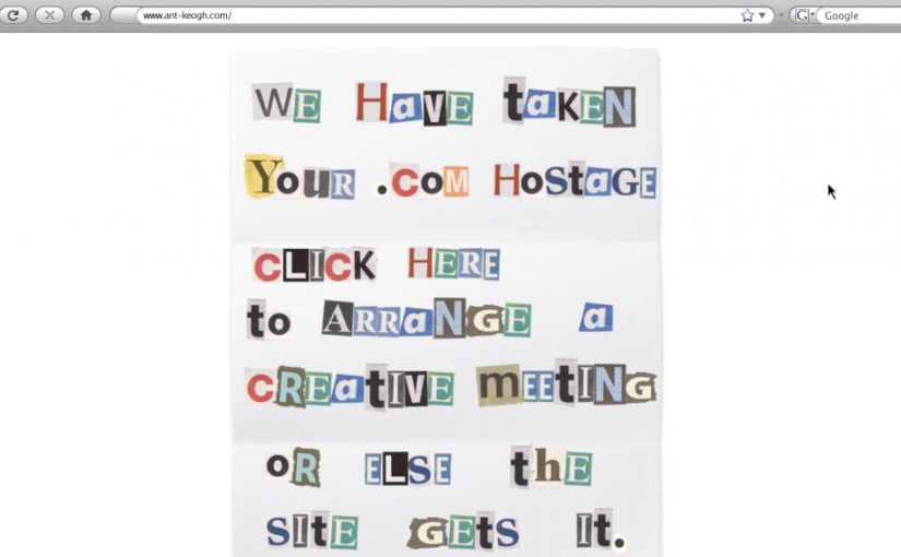 A ransom-style letter beside a laptop showing a personalised domain landing page for a creative director.