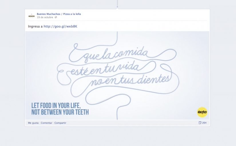 Exito Flossbook banner sliding between food photos in a Facebook Timeline feed like dental floss.