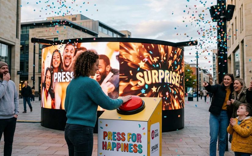 Illustration of a public experiential marketing activation where a woman presses a large red button and triggers a colourful surprise as nearby people watch and react.