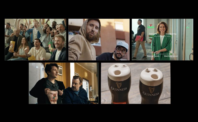 Five-panel collage of campaign stills from Lay’s, Adidas, Heineken, Visa, and Guinness World Cup 2026 fan-ritual campaigns.