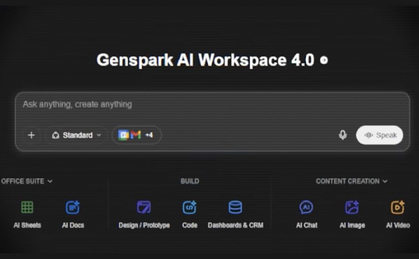 Genspark AI Workspace 4.0 interface showing Office Suite, Build and Content Creation tools.
