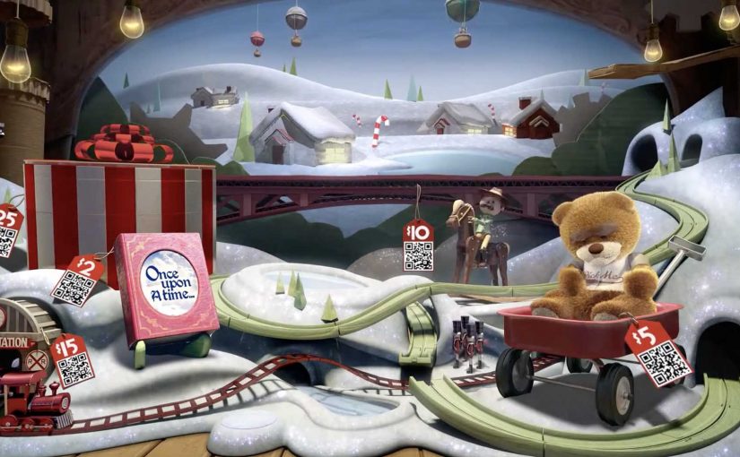 A 3D holiday window display with QR-tagged toys invites passers-by to scan and donate.