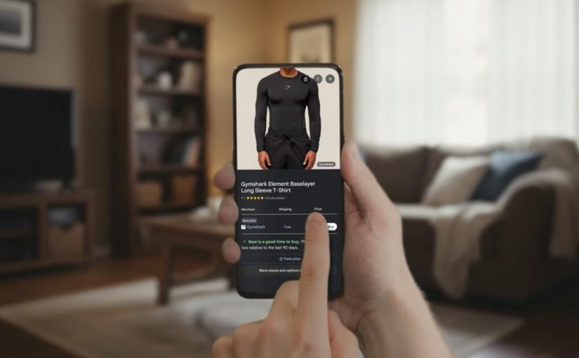 A shopper compares a product on a phone screen with price, shipping, and purchase options visible.