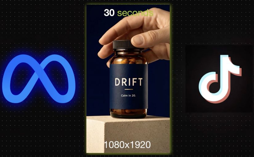 Higgsfield Supercomputer visual showing Meta and TikTok logos beside a generated vertical product video for a sleep supplement.