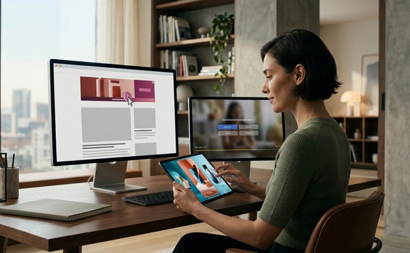 A person using a desktop monitor, video screen, and tablet that each show interactive ad formats behaving like interfaces.