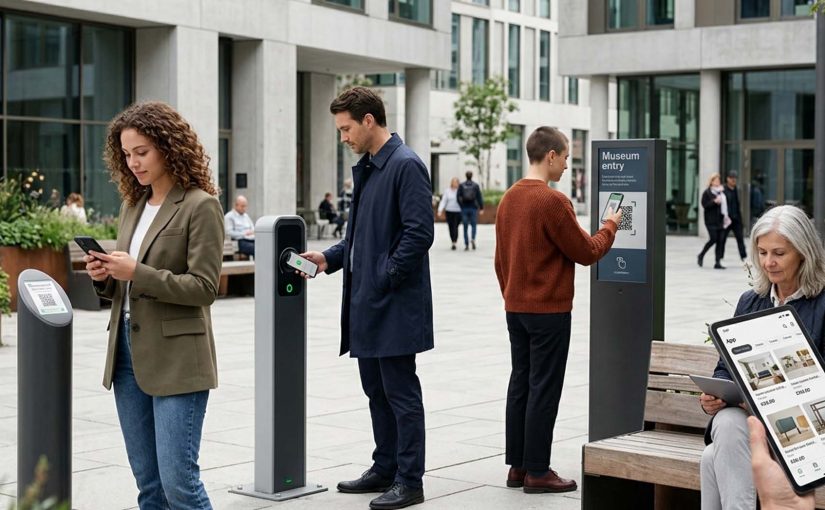 Modern urban plaza scene showing several people using smartphones and a tablet for mobile access, QR scanning, entry, browsing, and app-led everyday tasks.