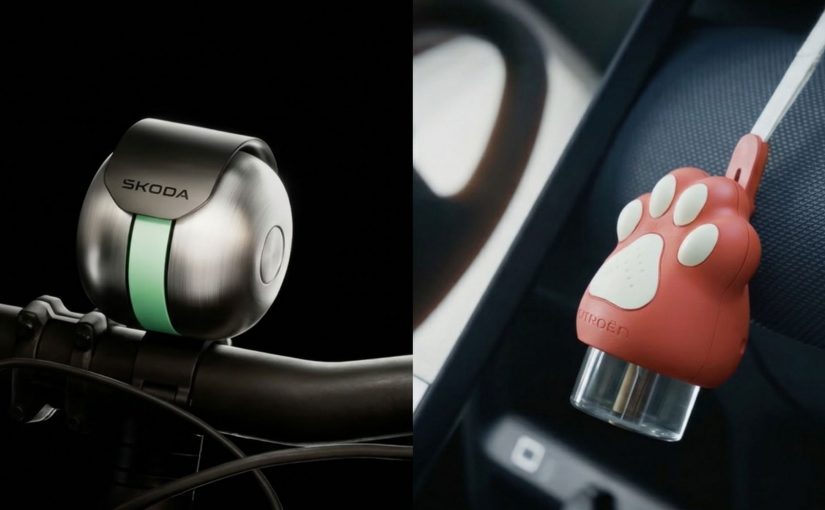 Škoda DuoBell bicycle bell beside Citroën Calm Diffuser pet travel device in a split product image.