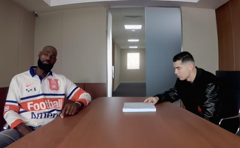 Two GOATs, Cristiano Ronaldo and LeBron James, sit across a conference table in Nike’s Rip the Script campaign film.