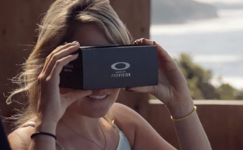 Oakley sunglass packaging folded into a Google Cardboard-style VR viewer.