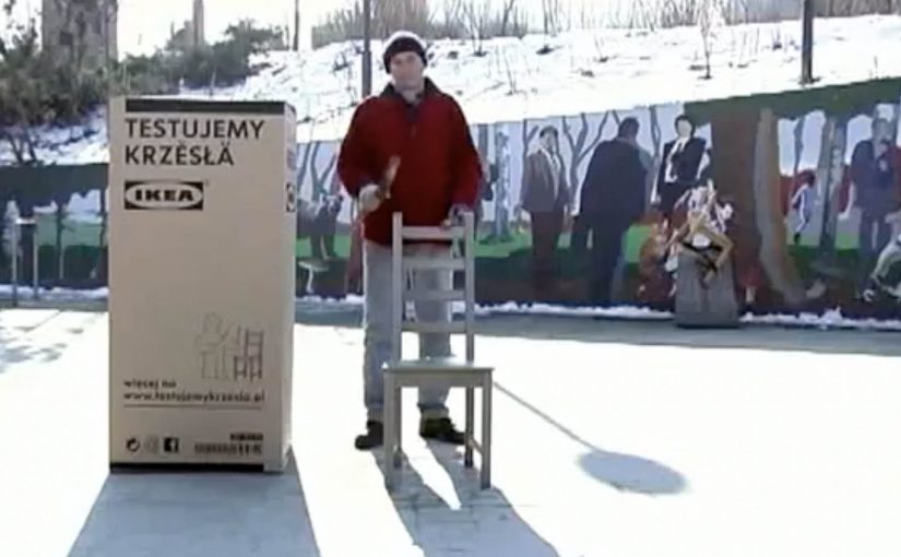 Paul “The Chair” performing on chairs outside Warsaw Central Station for IKEA’s social voting campaign.