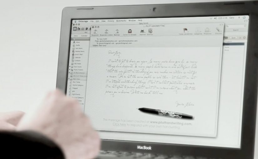 Pilot Handwriting interface showing an email rendered in a custom handwriting font.