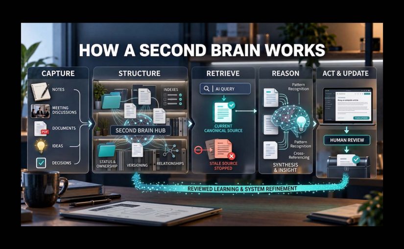 Infographic showing a Second Brain workflow from capture and structure through retrieval of the current canonical source, reasoning, action and update, with stale sources stopped, human review, and reviewed learning returned to refine the system.