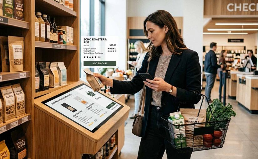 Shopper compares a packaged product at an in-store digital kiosk while holding a phone and basket, with checkout visible in the background.