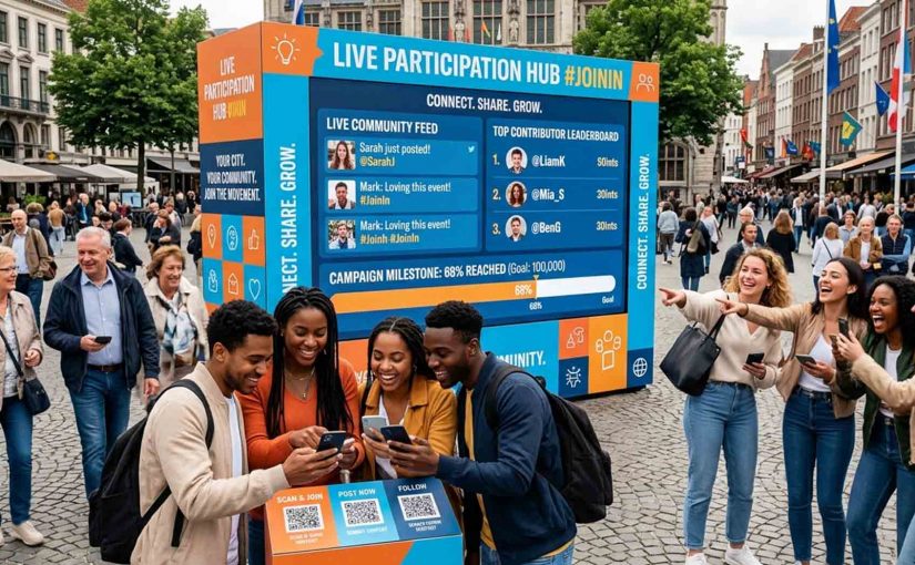Illustration of a public branded participation hub where people use their phones to post and join in while a large shared screen shows a live community feed, contributor leaderboard, and campaign progress updating in real time.