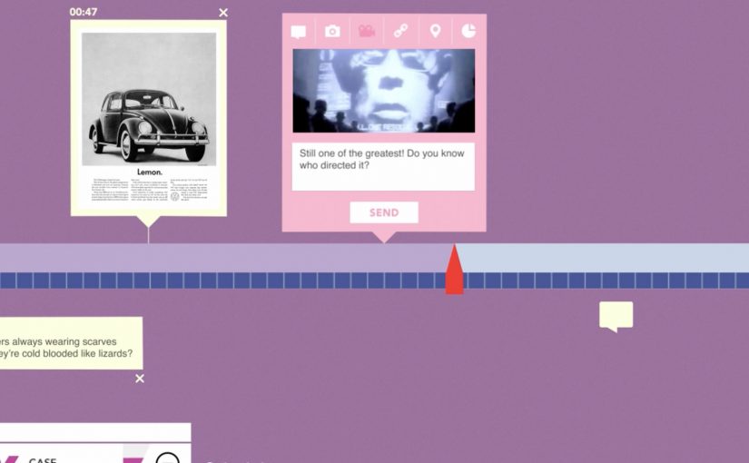 Interactive Swedish Radio Plus timeline showing images, videos, comments, and polls synced to a live radio program.