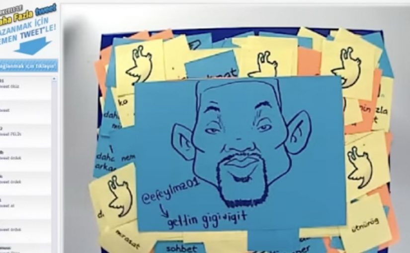 Turkcell #Turkcelltweet campaign image featuring a boxed smartphone wrapped in Post-it notes.