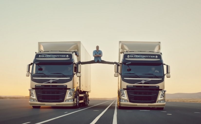 Jean-Claude Van Damme performing a split between two reversing Volvo FM trucks.