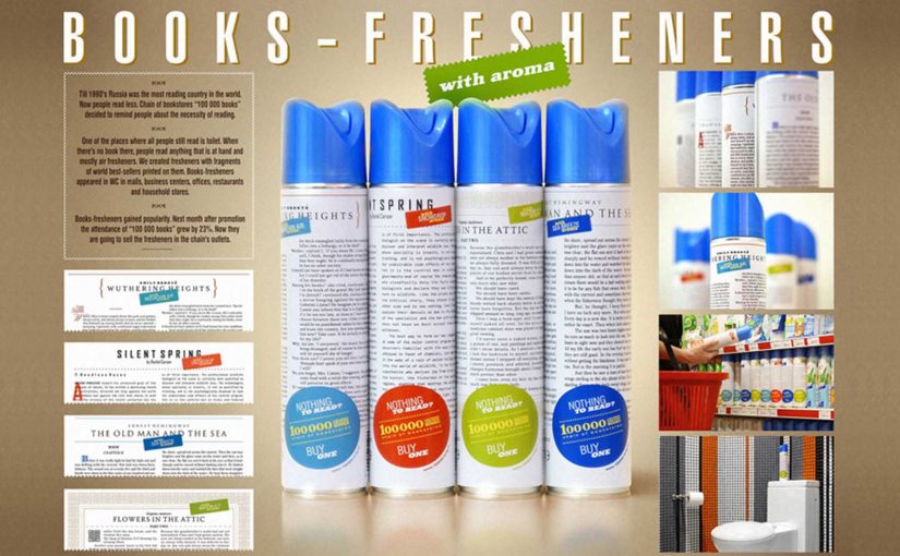 Books-Fresheners air fresheners printed with book excerpts in a public restroom.