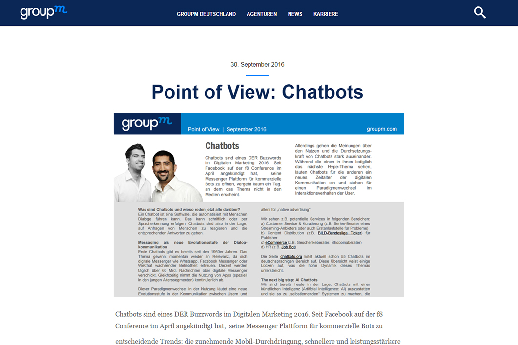 Cover screenshot of the GroupM Germany Point of View paper on Chatbots, 20th September 2016.
