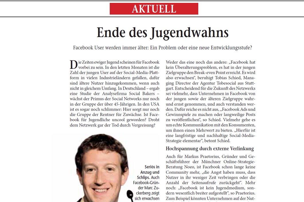Screenshot of the Internet World Business article “Ende des Jugendwahns” quoting Sunil Bahl on Facebook’s aging user base and mobile competition.