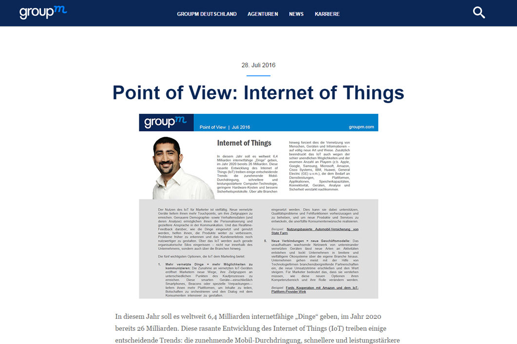 Cover screenshot of the GroupM Germany Point of View paper on the Internet of Things, 28th July 2016.