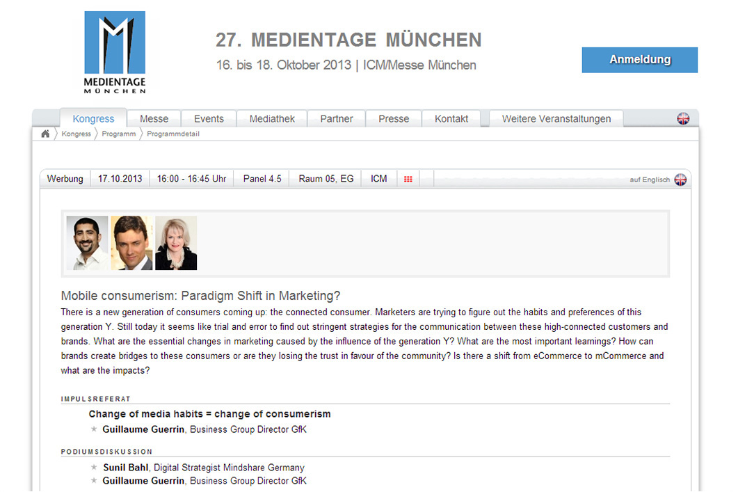 Event page visual for the Medientage München debate “Mobile consumerism: Paradigm Shift in Marketing?”.