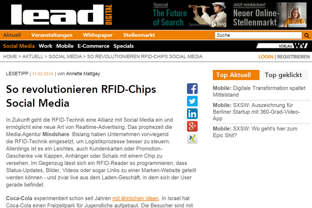 Screenshot showing RFID-enabled social sharing coverage and examples from Mindshare’s point of view paper.
