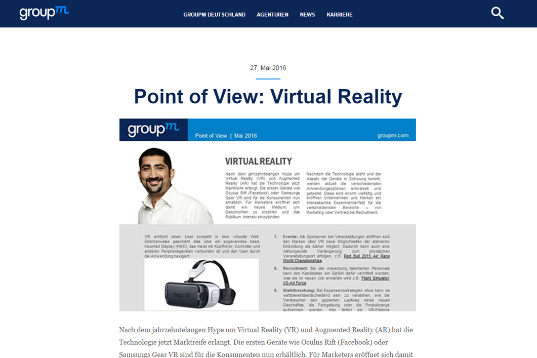 Cover screenshot of the GroupM Germany Point of View paper on Virtual Reality, 27 May 2016.